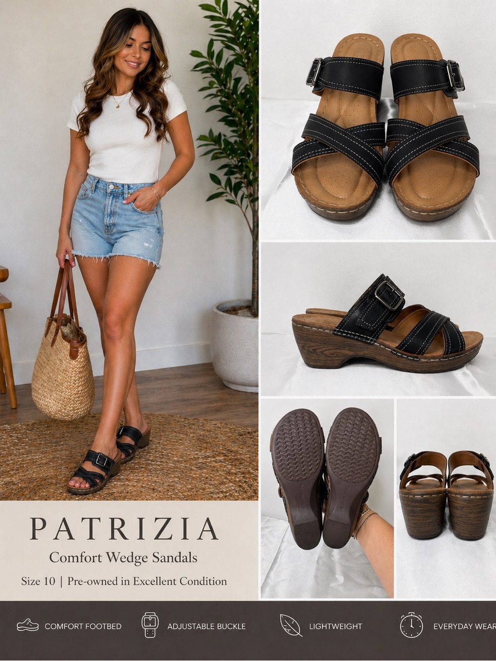 Patrizia Black Wedge Sandals Comfort Double Strap Buckle Slide Women’s Size 10